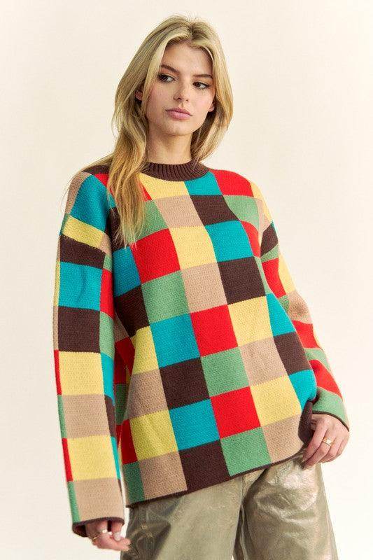 Davi &amp; Dani Color Block Checkered Dropped Shoulder Sweater