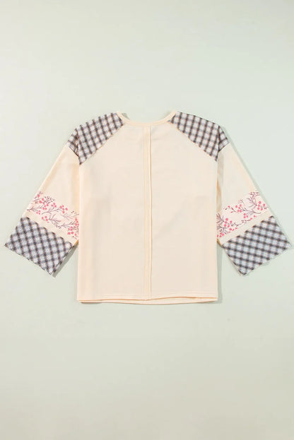 Heart Plaid Round Neck Long Sleeve Blouse