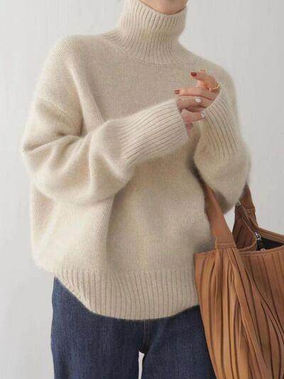Turtleneck Dropped Shoulder Long Sleeve Sweater for Women