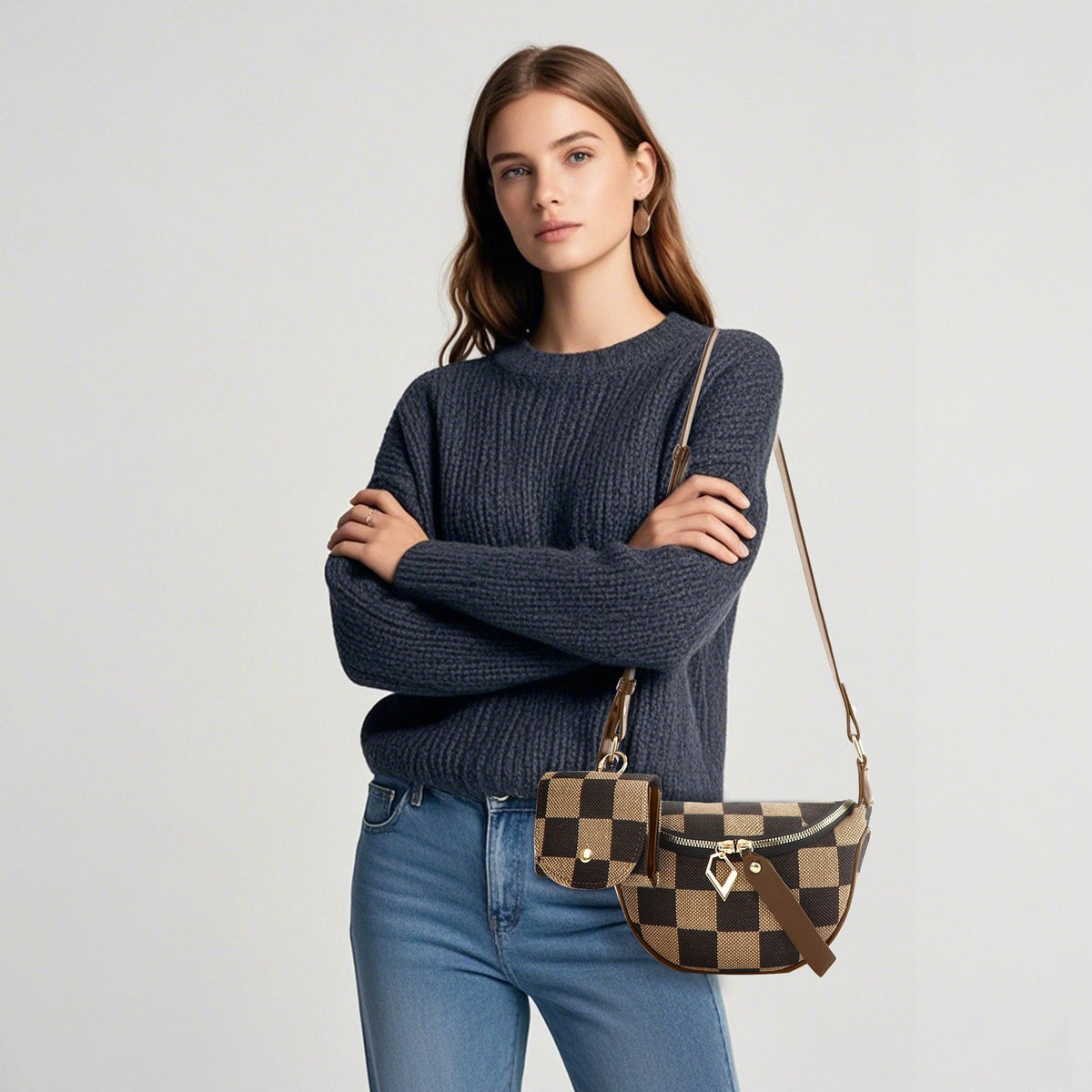 Small Crossbody Bag – Versatile Commute with Checkerboard Canvas, Compact Earphone Bag, Stylish 2-in-1 Chest Bag &amp; Fanny Pack for Everyday Use