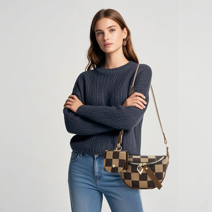Small Crossbody Bag – Versatile Commute with Checkerboard Canvas, Compact Earphone Bag, Stylish 2-in-1 Chest Bag &amp; Fanny Pack for Everyday Use