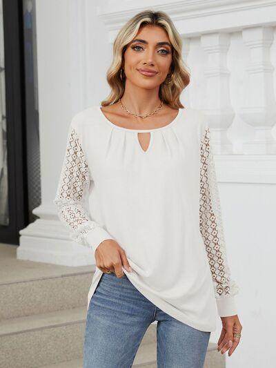 Cutout Round Neck Long Sleeve T-Shirt with Lace Detail