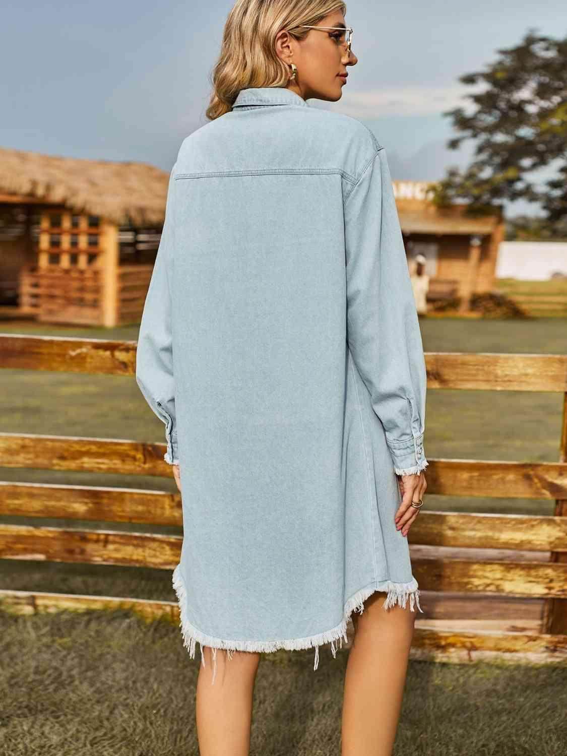 Button Up Collared Neck Raw Hem Denim Dress for Women