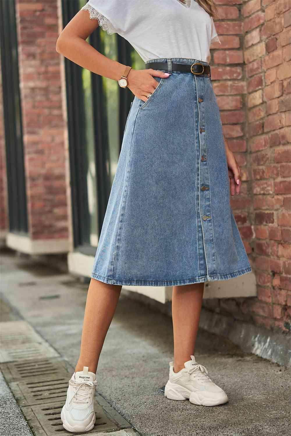 Button Front A-Line Denim Skirt for Casual Style Wear