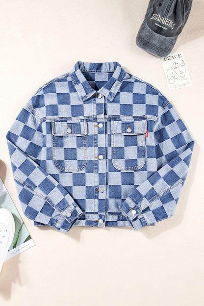 Checkered Button Up Long Sleeve Denim Jacket for Women