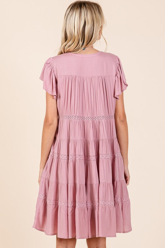 Lace Detail Ruffled Button Down Tiered Dress For Women – Romantic, Fluttering, Delicate, Feminine &amp; Elegant Design