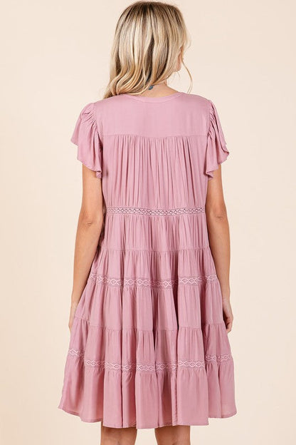 Lace Detail Ruffled Button Down Tiered Dress For Women – Romantic, Fluttering, Delicate, Feminine &amp; Elegant Design