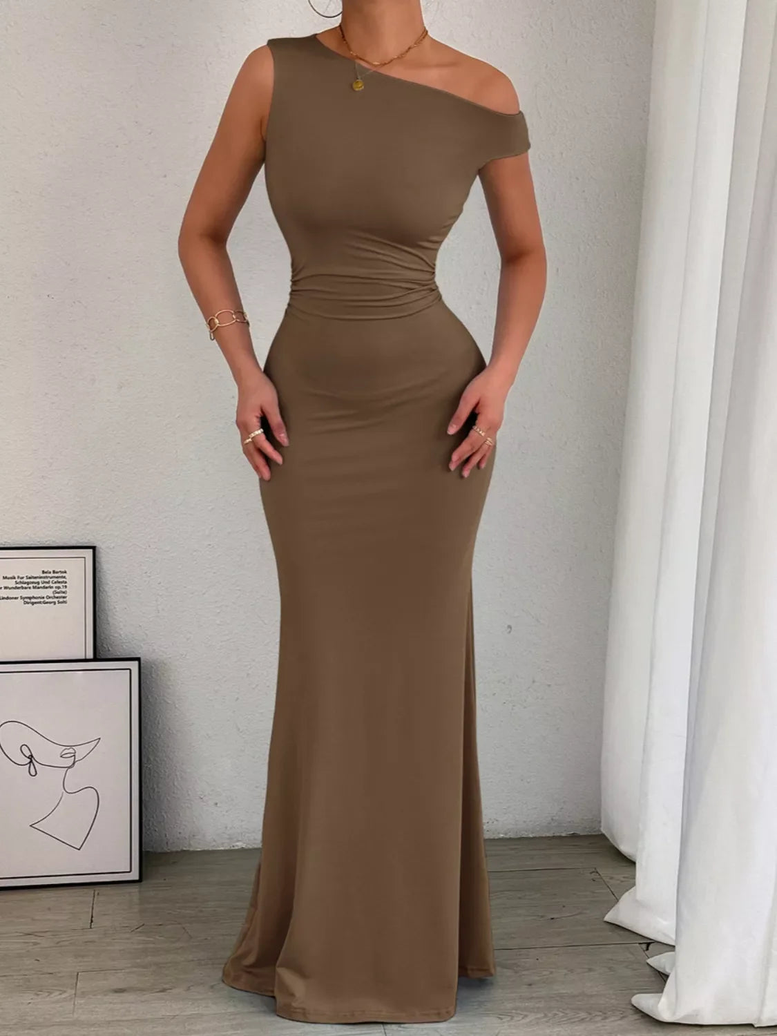 One-Shoulder Ruched Bodycon Maxi Dress