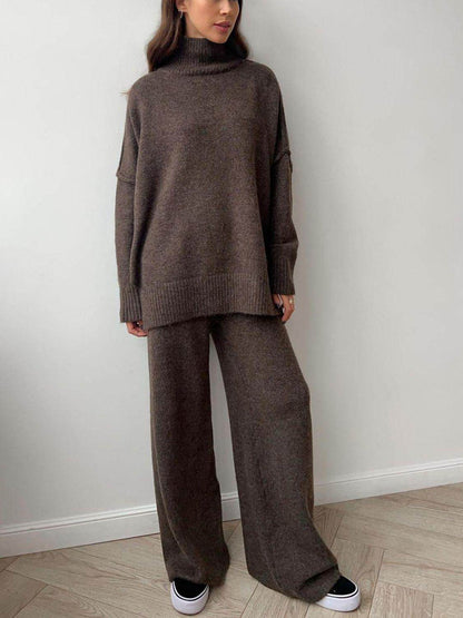 Slit Turtleneck Long Sleeve Top and Pants Sweater Set Outfit
