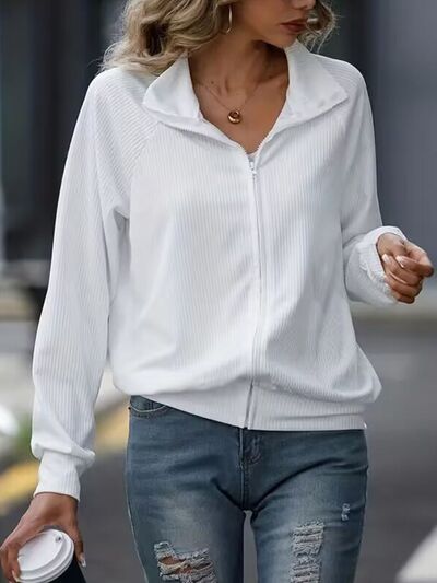 Simple White Zip Up Collared Neck Raglan Sleeve Jacket Comfortable Versatile Casual Women Wear