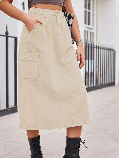 Slit Buttoned Denim Skirt with Pockets for Women