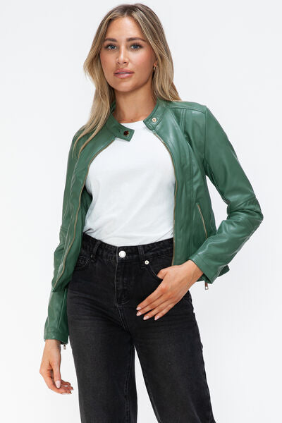 Women Classic Snobbish Faux Leather Zip-Up Drawstring Hooded Jacket Edgy &amp; Casual PU Leather Jacket For Streetwear