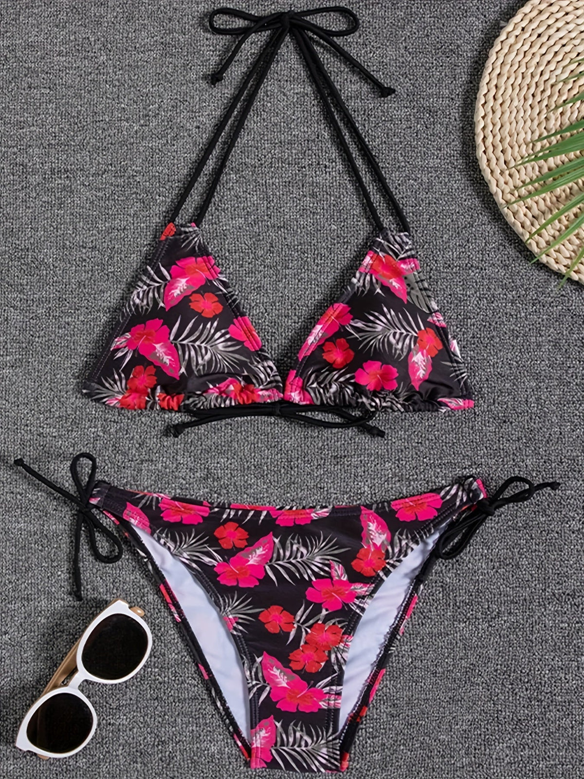 Sunset Bloom 2-Piece Triangle Bikini Set for Women – Vibrant Random Floral Print Halter Neck Swimsuit with Tie-Back Tie-Side Bottoms &amp; High Cut Legs – Women&