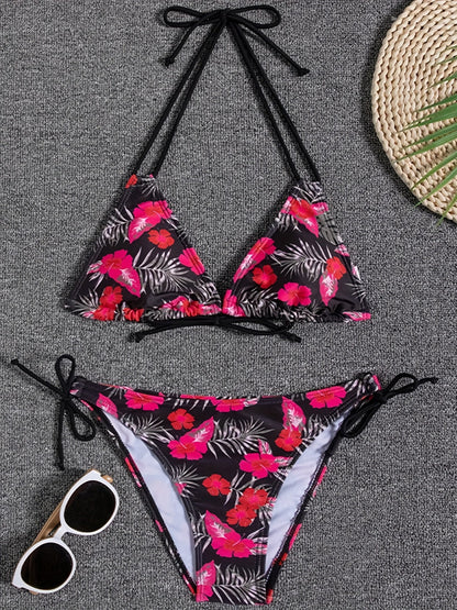 Sunset Bloom 2-Piece Triangle Bikini Set for Women – Vibrant Random Floral Print Halter Neck Swimsuit with Tie-Back Tie-Side Bottoms &amp; High Cut Legs – Women&