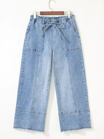 Wide Leg Drawstring Raw Hem Jeans