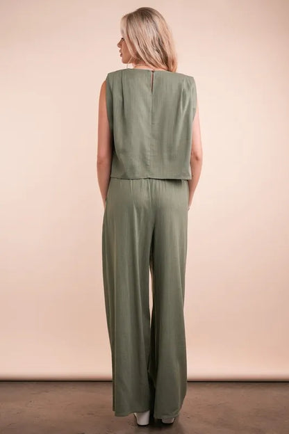 VERY J Solid Woven Top &amp; Pants Set