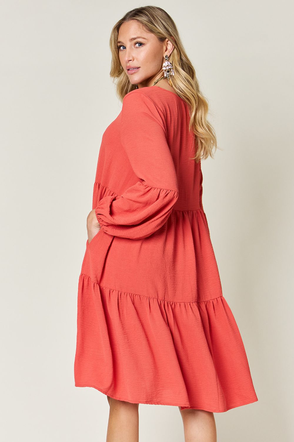 V-Neck Balloon Sleeve Tiered Boho Midi Dress