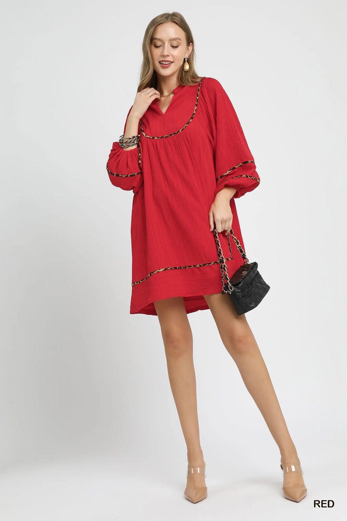 Umgee Textured Babydoll Dress with Leopard Trim