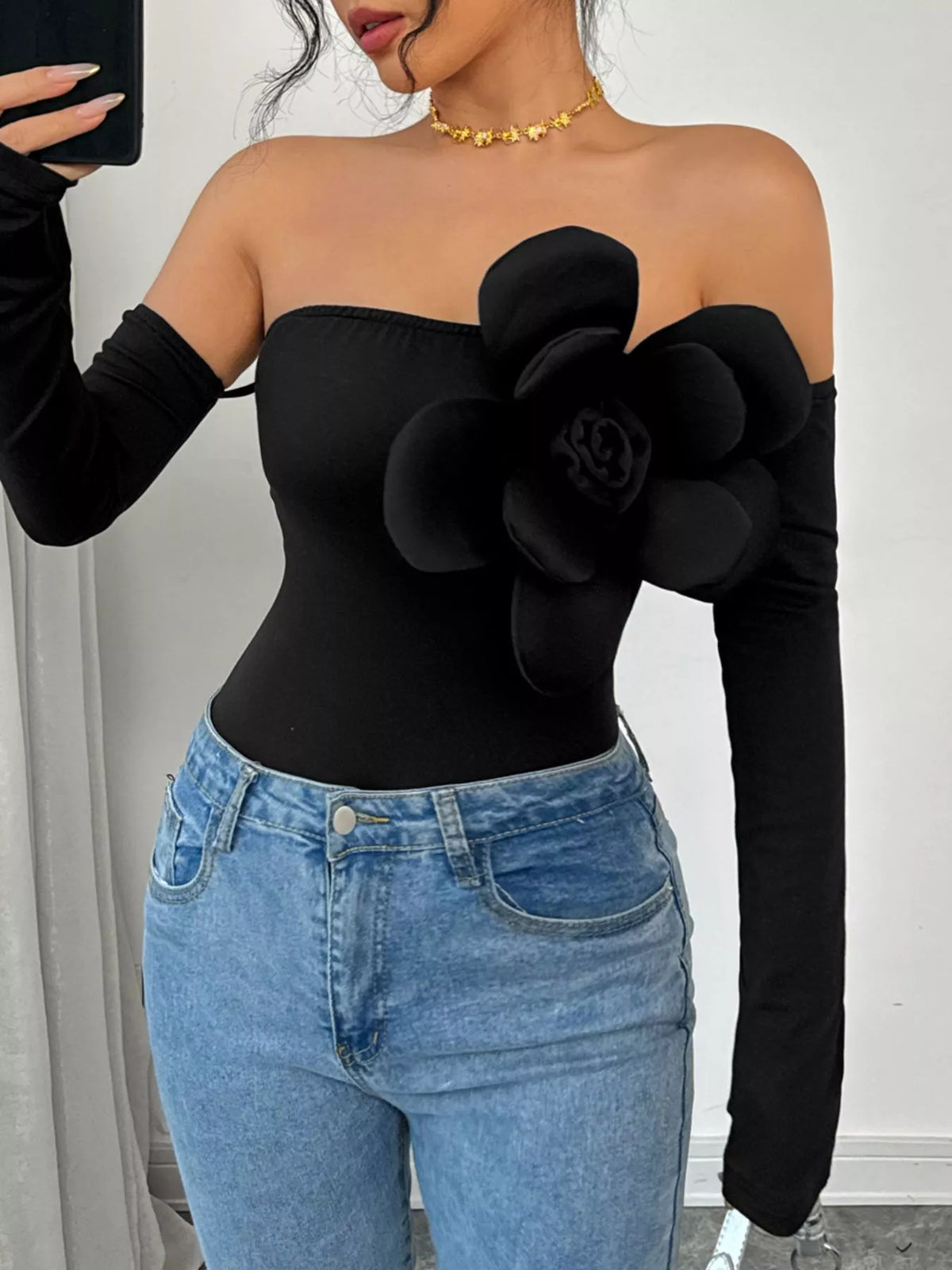 Flower Off-Shoulder Long Sleeve Bodysuit