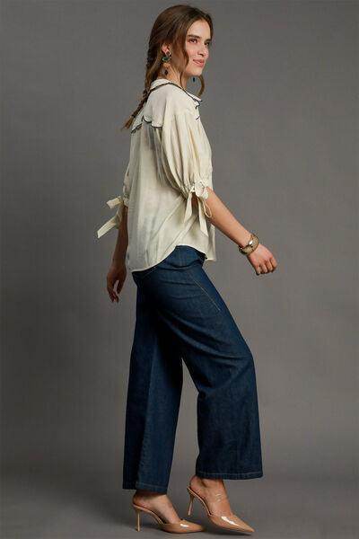 Umgee Full Size Embroidered Detail Button Down Shirt Plus Size