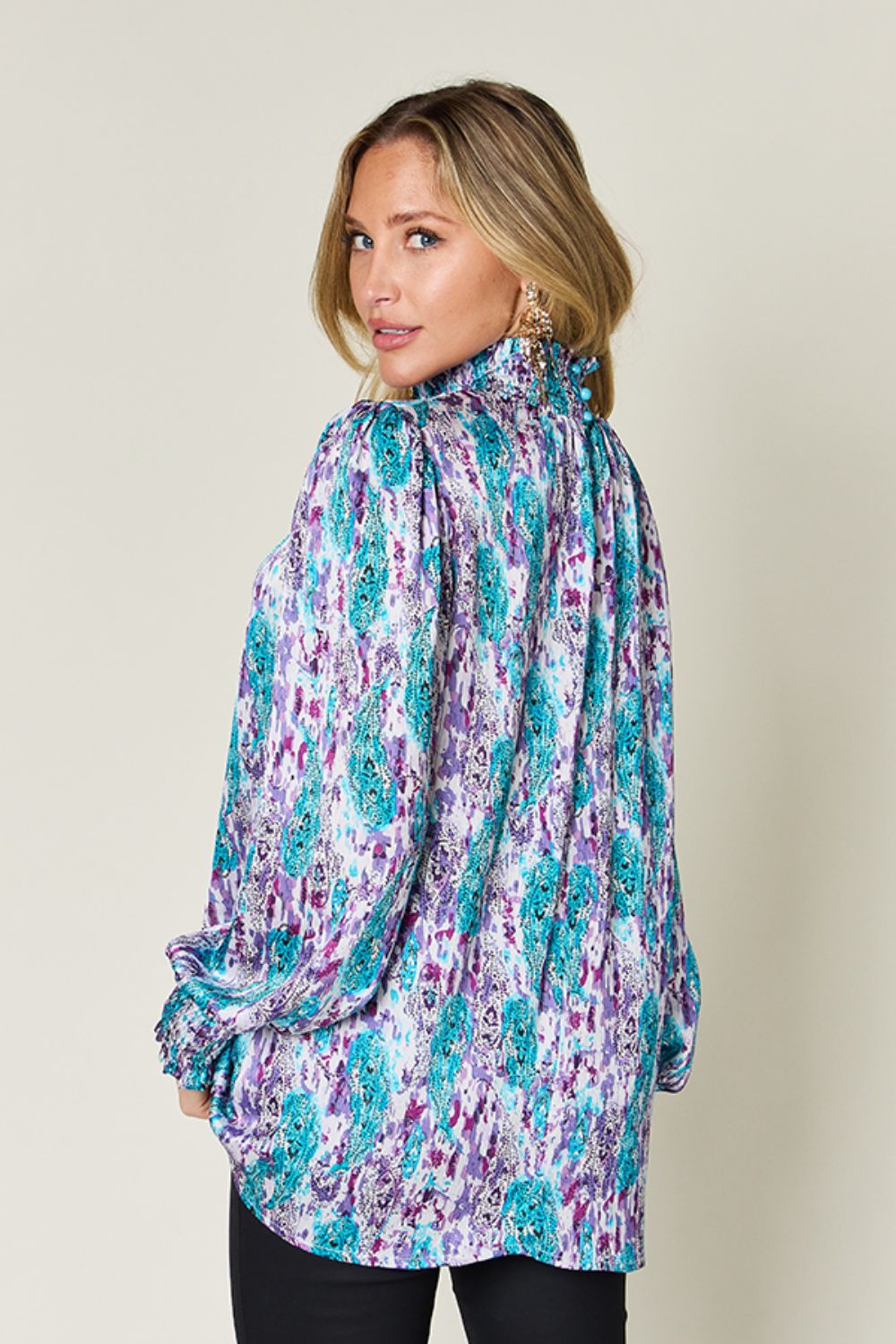 Semi-Sheer Smocked Top with Long Sleeves &amp; Frills