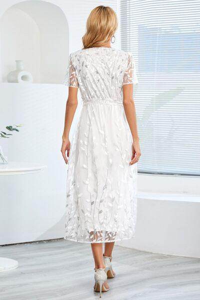 Sequin Leaf Embroidery Tie Front Short Sleeve Dress for Women