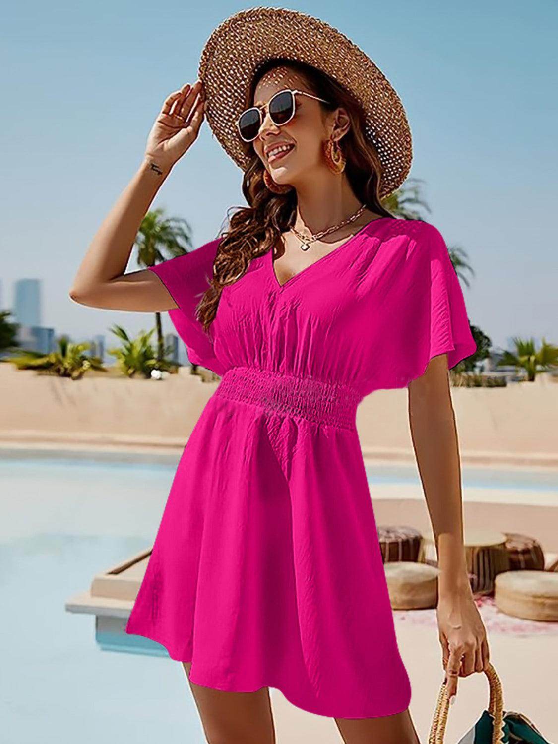 Smocked V-Neck Short Sleeve Dress for Effortless Style