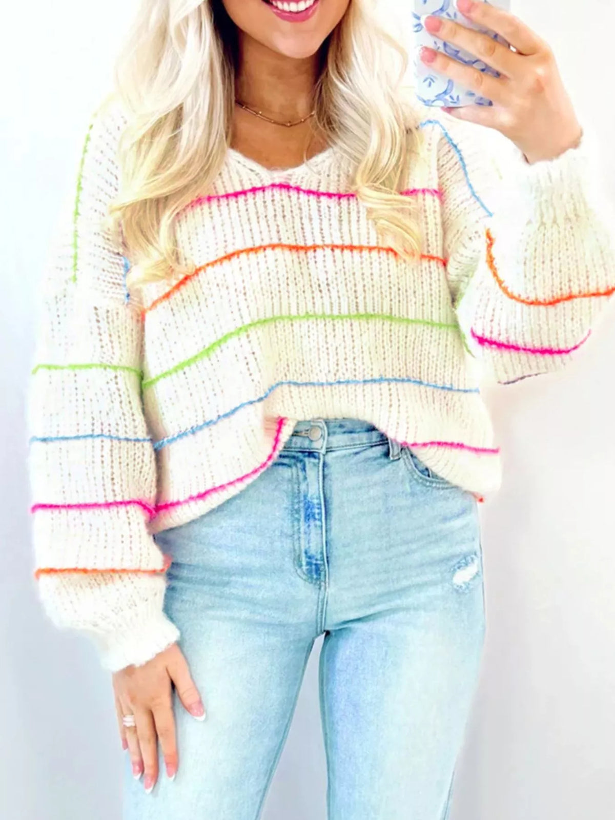 Colorful Striped Detail V Neck Drop Shoulder Baggy Sweater