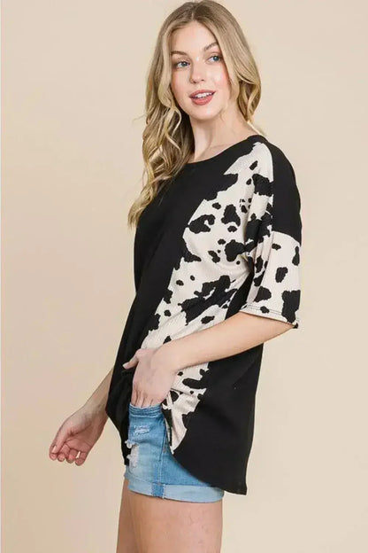 Animal Contrast Ribbed Tee - Edgy Women&