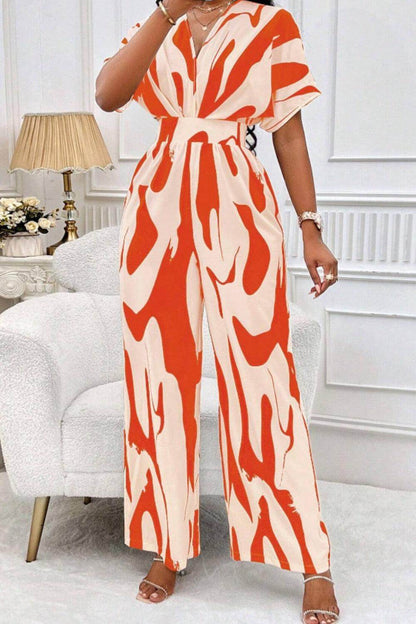Printed V-Neck Short Sleeve Wide Leg Jumpsuit for Women