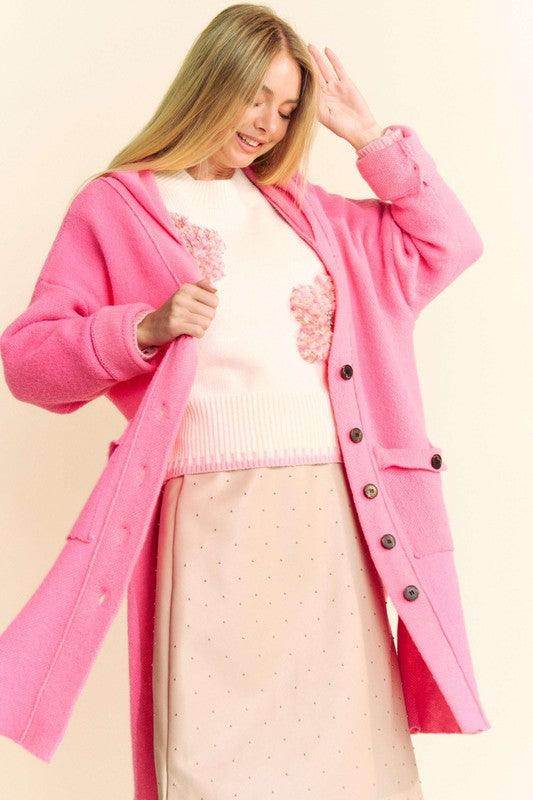 Davi &amp; Dani Side Slit Button Up Hooded Cardigan for Women