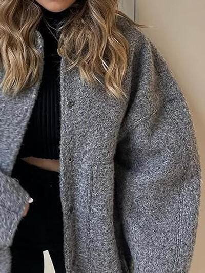 Autumn Casual Full Size Drop Shoulder Snap Down Jacket with Buttoned Front and Pockets