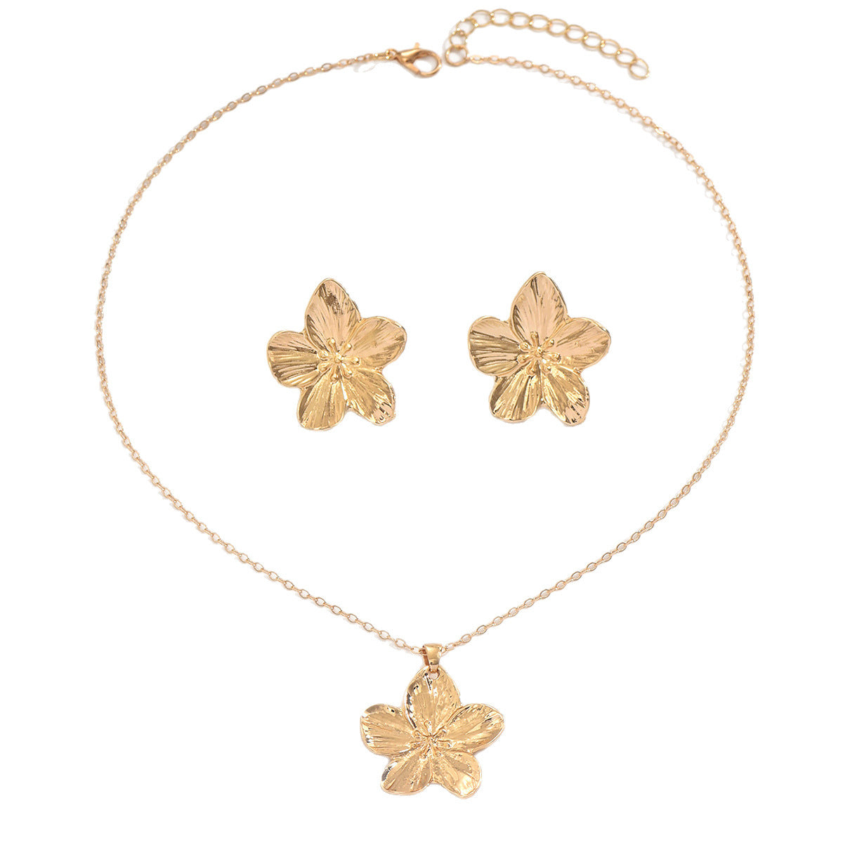 New Arrival Cross-border European American Women Jewelry Set, Geometric Electroplated Metal Floral Design Matching Flower Earrings &amp; Necklace, Versatile Daily Neck Ear Ornaments