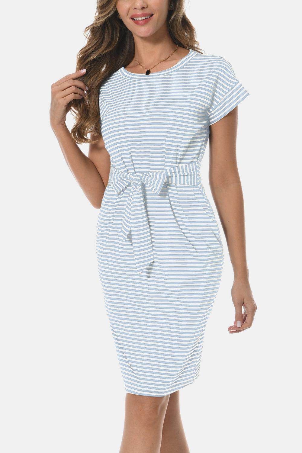 Tie Front Round Neck Short Sleeve Dress for Women