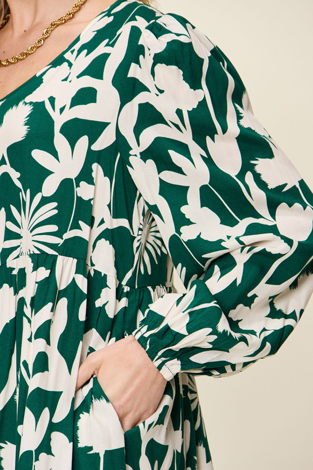 Double Take Full Size Printed Ruffle Hem Dress with Pocket Stylish &amp; Functional Women Dress