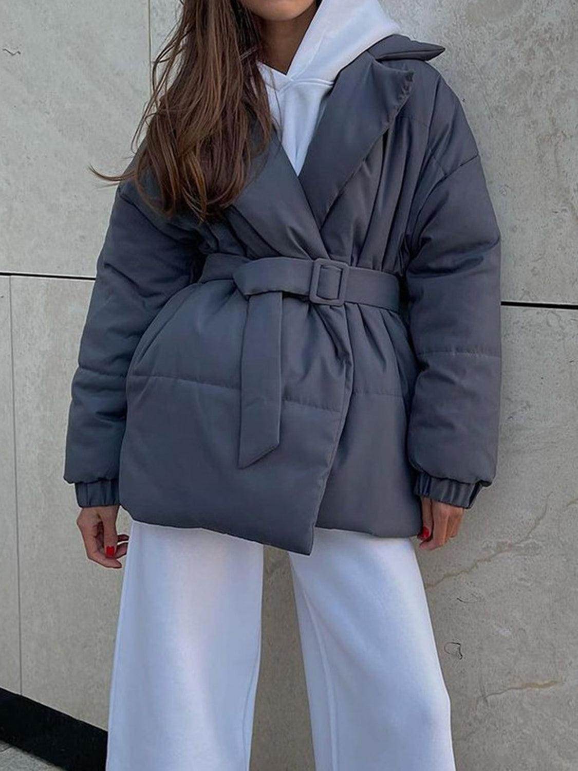 Puffer Long Sleeve Winter Coat with Belt for Women