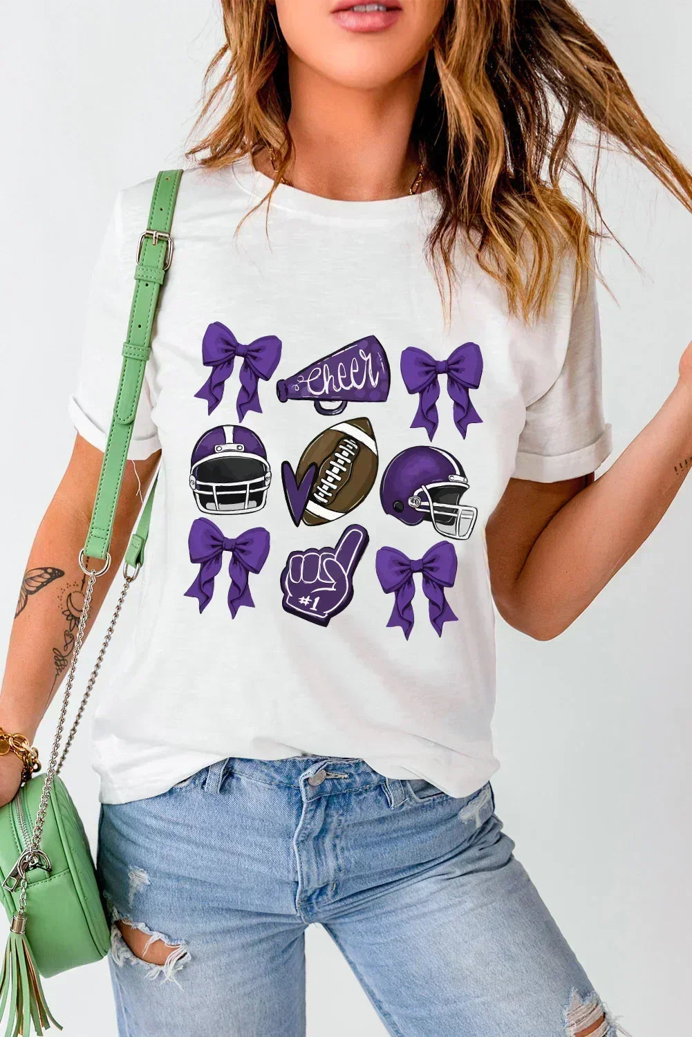 Game Day Rugby Tee: White Cheer Helmet &amp; Bow Graphic T-Shirt