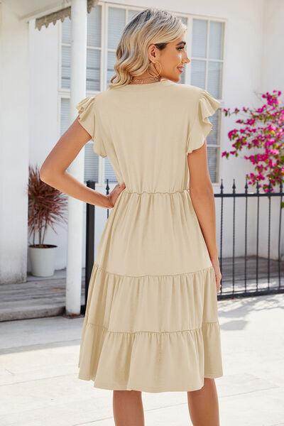 Ruched Notched Cap Sleeve Dress with Pockets and Stretch