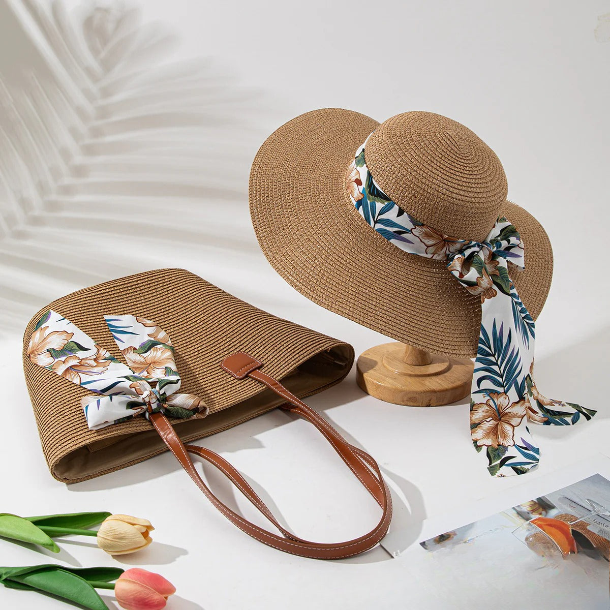 Straw Hat &amp; Tote Set – Beach Vacation Sun Protection Duo, Large Capacity Travel Tote