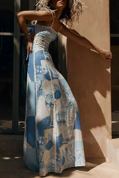 Cutout Back Printed Square Neck Maxi Dress