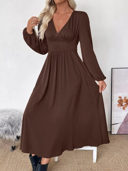 V-Neck Long Sleeve A-Line Midi Dress