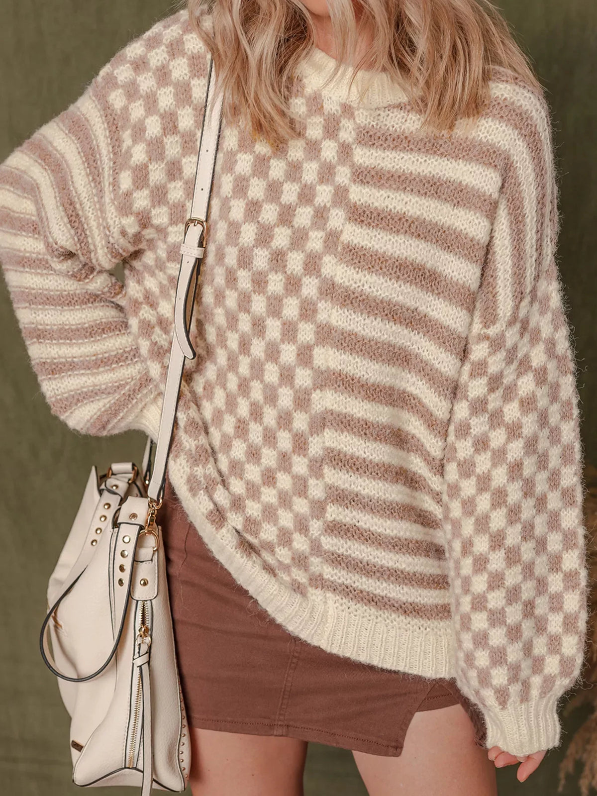 Checkerboard &amp; Striped Pattern Knit Sweater