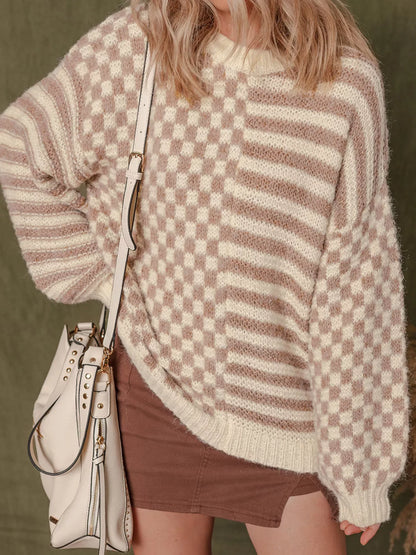 Checkerboard &amp; Striped Pattern Knit Sweater