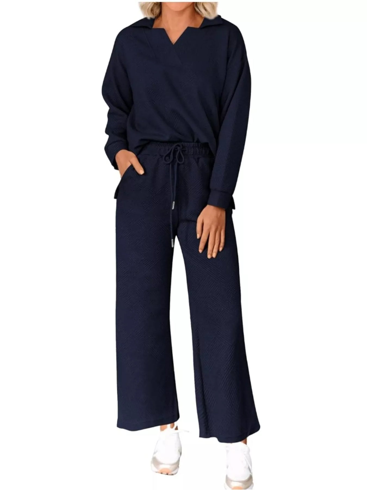 Side Slit Textured Top and Drawstring Pants Set