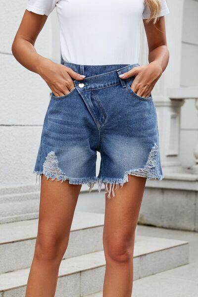 Distressed Raw Hem Asymmetric Waist Denim Shorts for Women