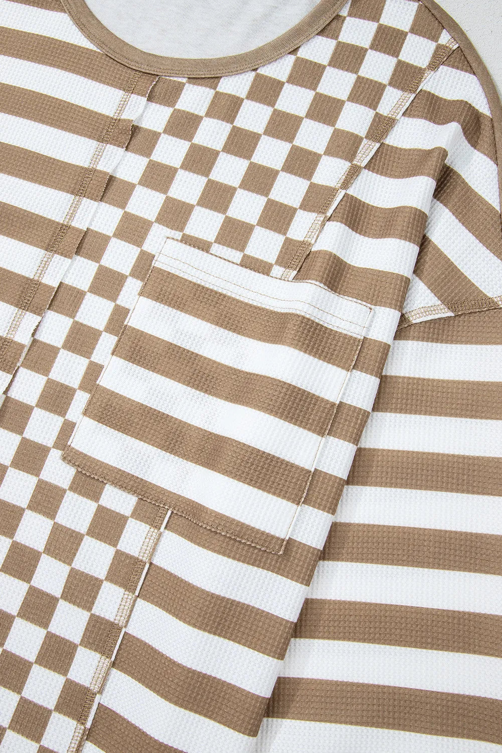 Checker &amp; Stripes Round Neck Long Sleeve Blouse