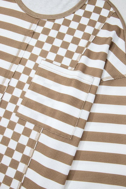 Checker &amp; Stripes Round Neck Long Sleeve Blouse