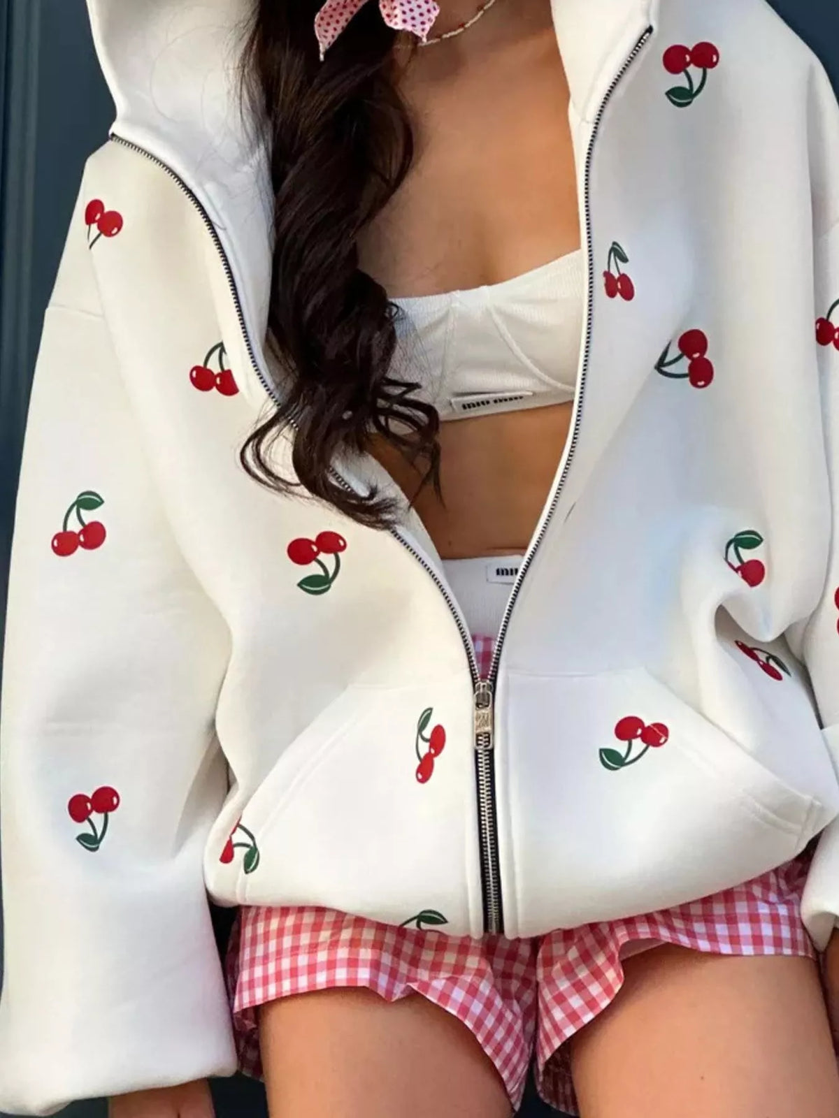 Cherry Print Oversized Zip-Up Hoodie