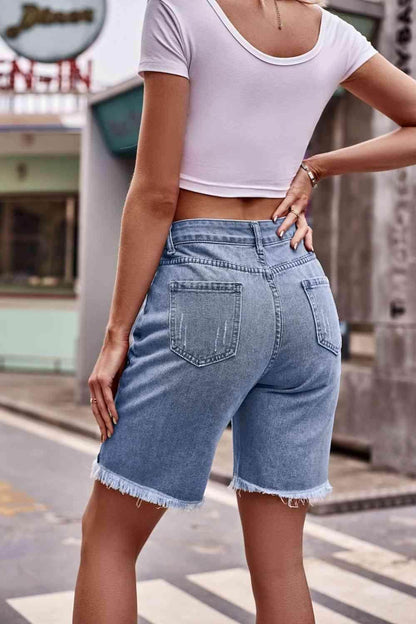 Raw Hem Denim Shorts with Pockets for Casual Chic Style