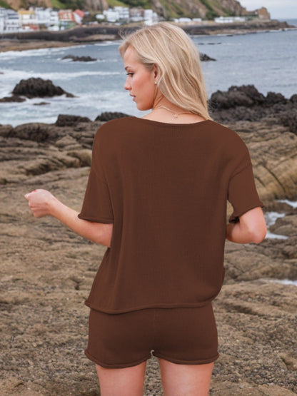 Round Neck Short Sleeve Top and Shorts Sweater Set